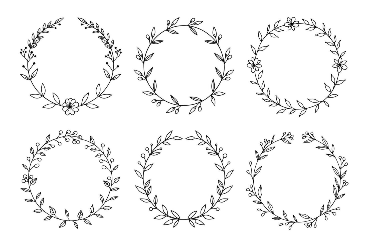 Six Floral wreath Frames with Leaves and Berries. Circle shape with Botanical Elements vector