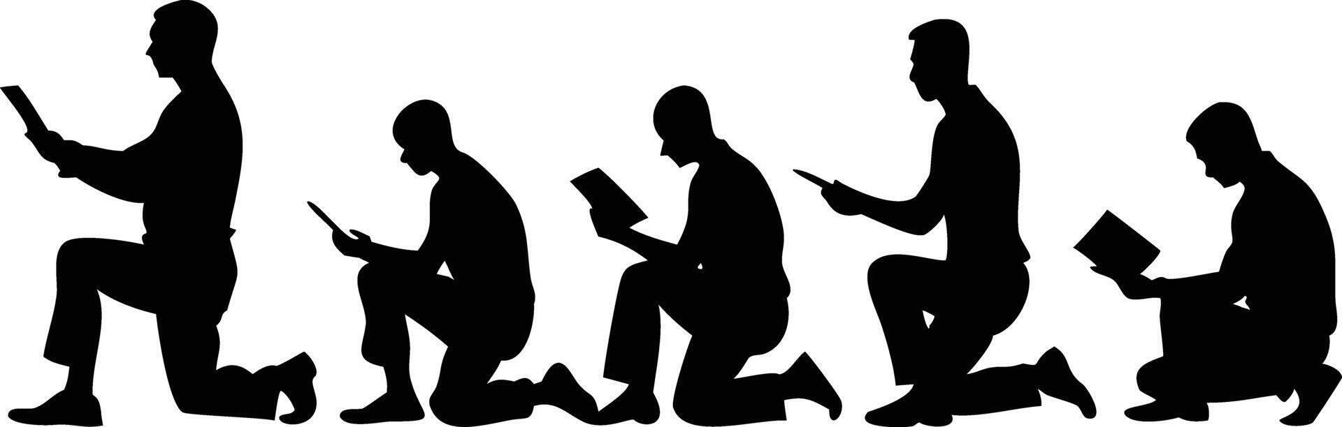 Silhouetted Men Kneeling Reading From Books on White Background, Diverse Sequence vector