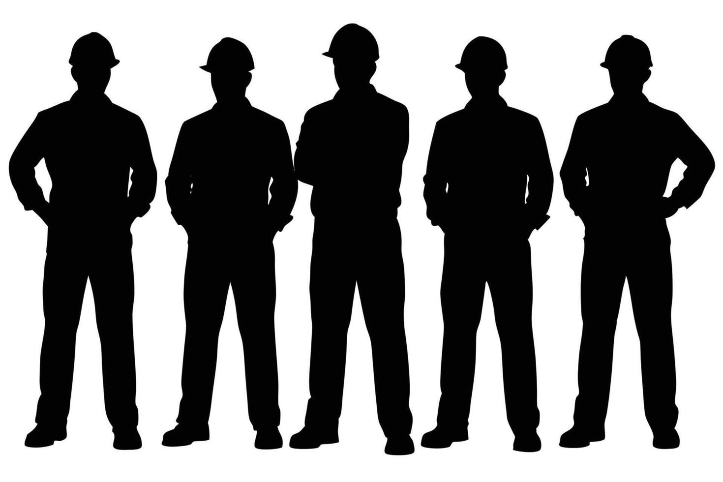 Silhouette of Five Men wearing Hard Hats Standing with Crossed Arms vector