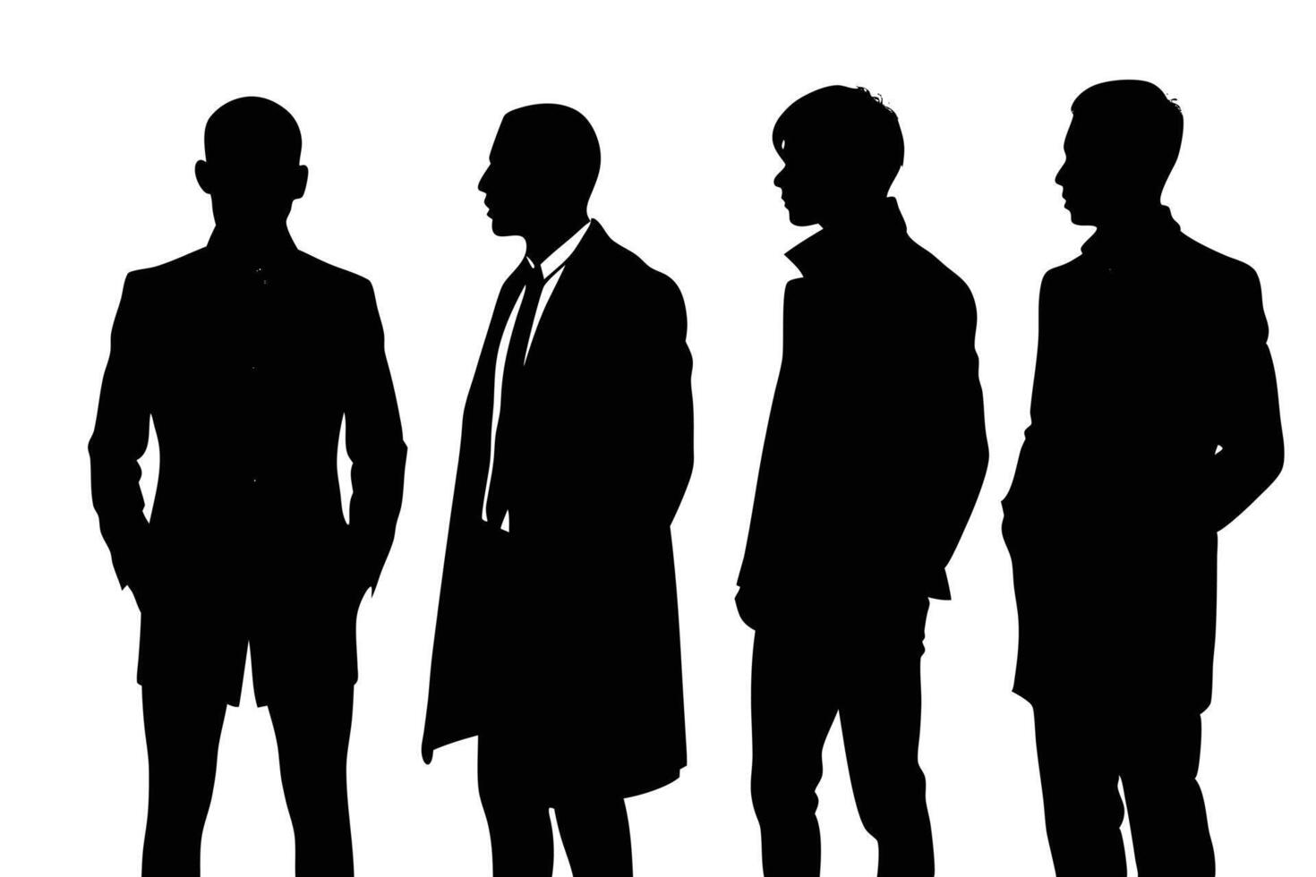 Group Silhouettes Diverse Men in Coats Standing Profile on White Background vector