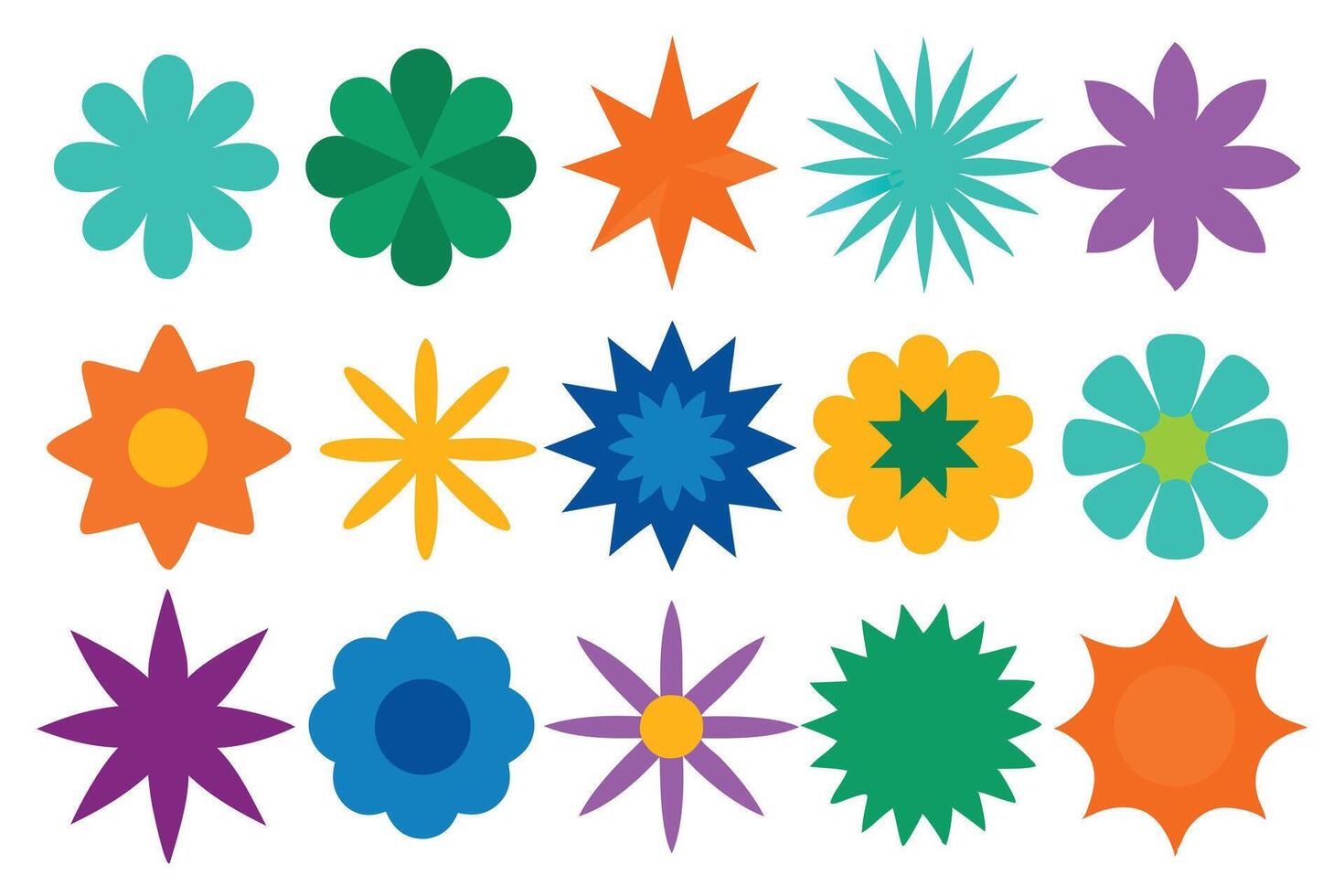 Assorted Colorful Geometric Flowers, Starbursts, Blossoms on White 79 vector
