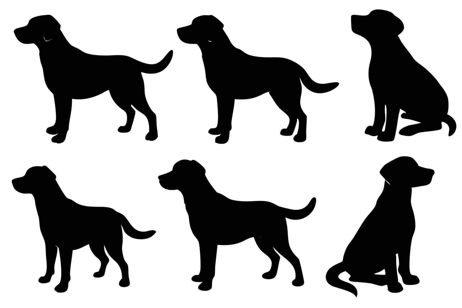 Six Black Dog Silhouettes, Standing, Sitting, Looking Up, Tail Wagging, vector