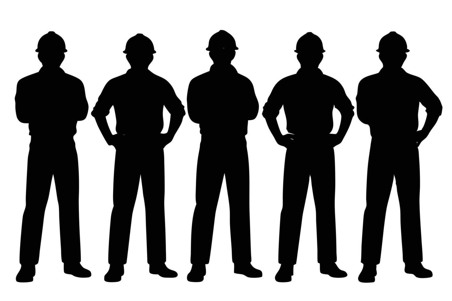 Full length silhouette of five engineers wearing hard hats standing in various poses vector