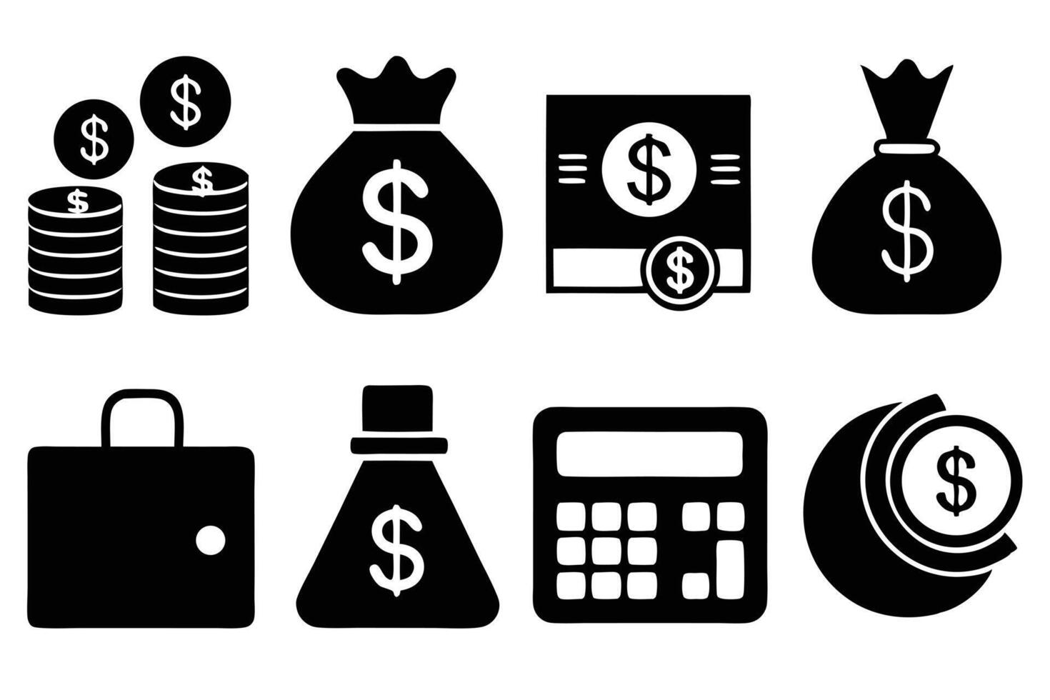 Money Symbol Icon Set Bags, Coins, Calculator, Briefcase, Dollar Signs, Currency vector