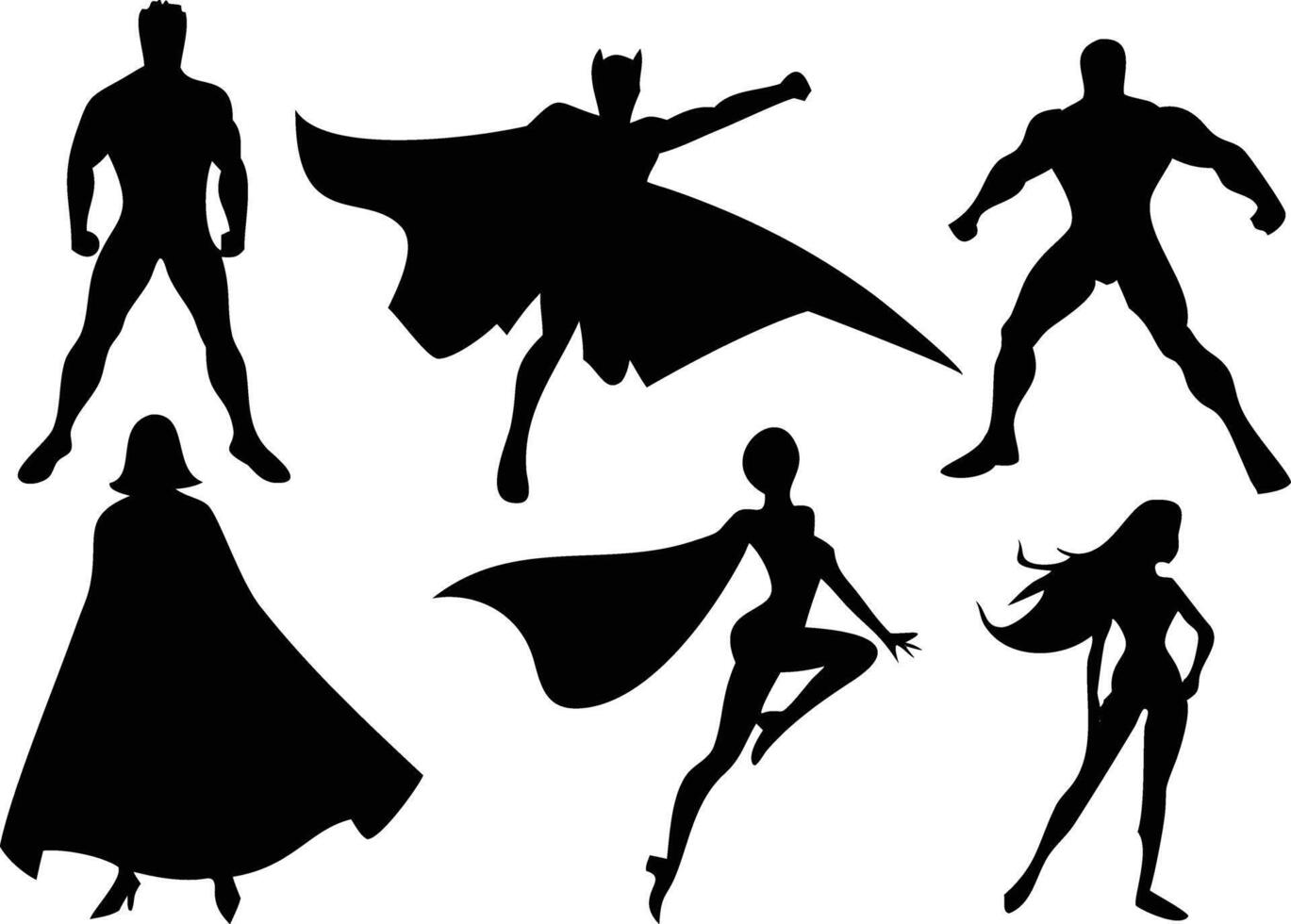 Group of Superheroes Black Silhouette on White Background Comic Book Characters vector
