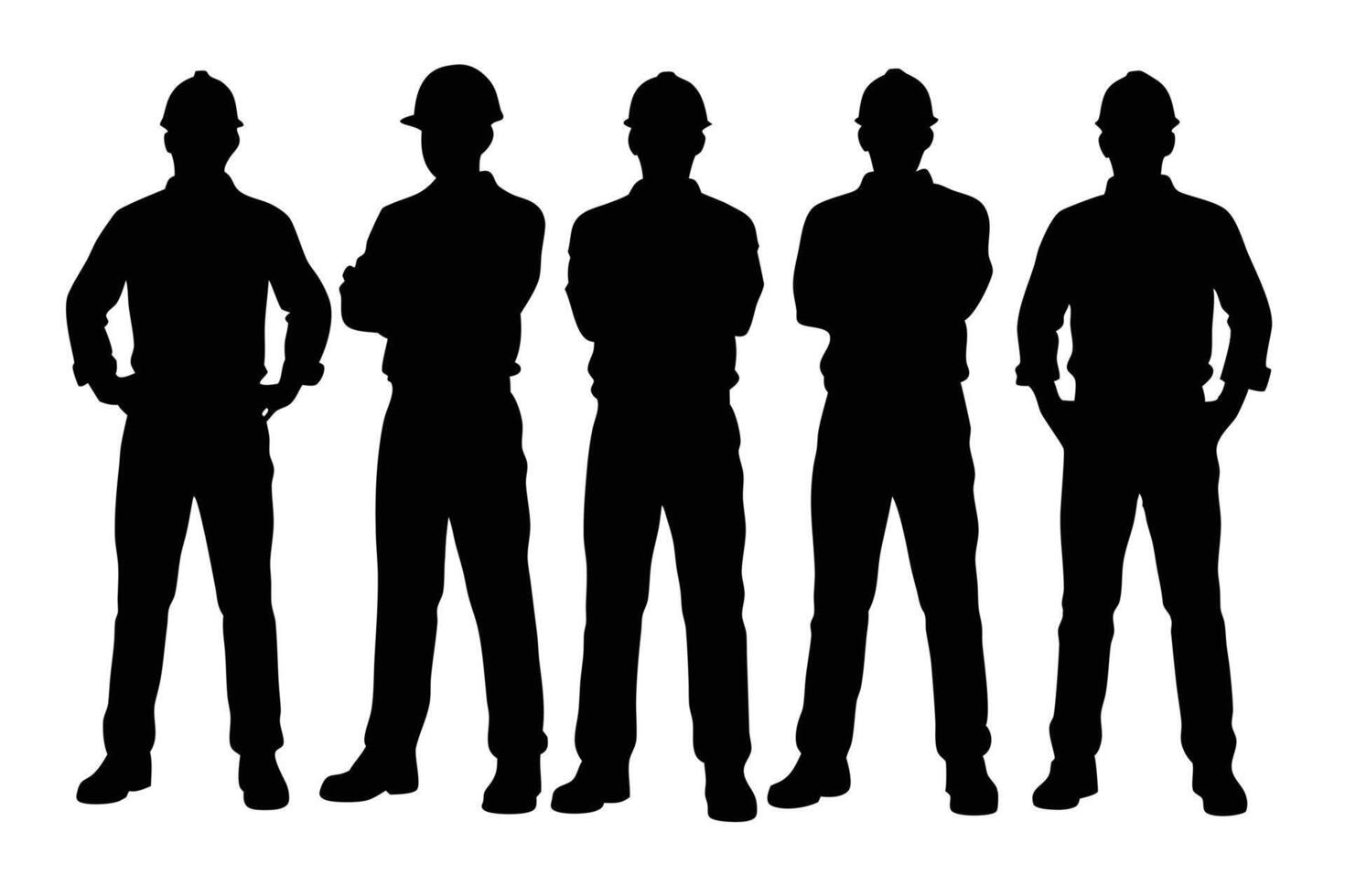 Silhouetted Construction Workers Wearing Hard Hats, Arms Crossed and Hands on Hips vector