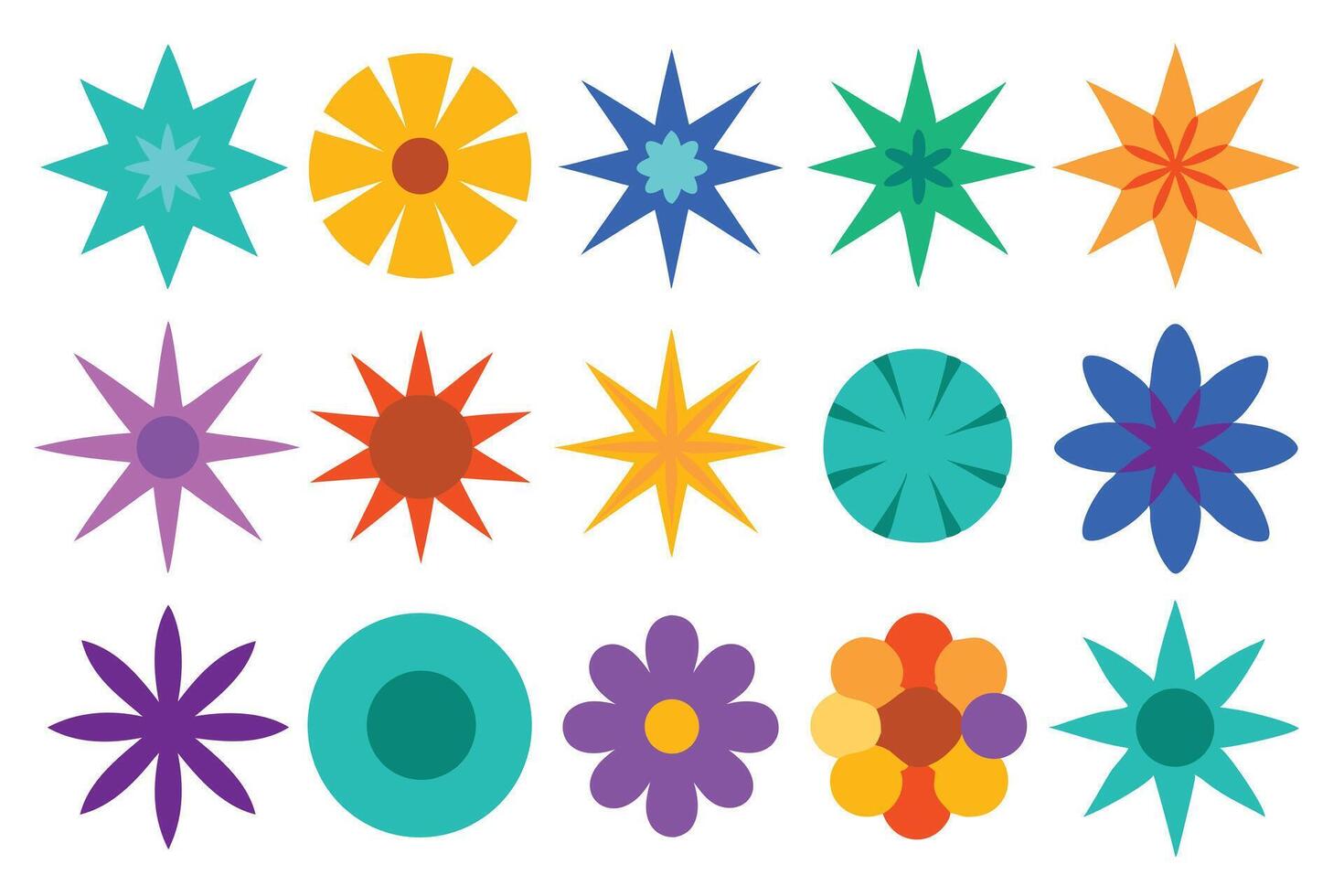 Colorful Star Shapes and Flower Design with Geometric Petals on White Background vector
