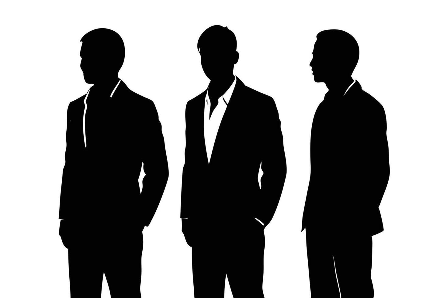 Three Black Silhouettes of Men in Suits on White Background vector