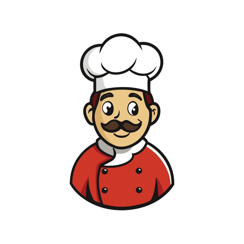 Cartoon Chef Avatar with Mustache and White Hat in Red Uniform vector