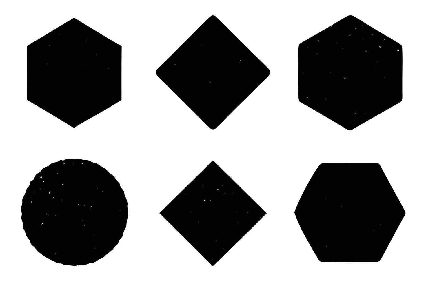 Distressed Black Geometric Shapes Set Hexagon, Diamond, Circle on White Background vector