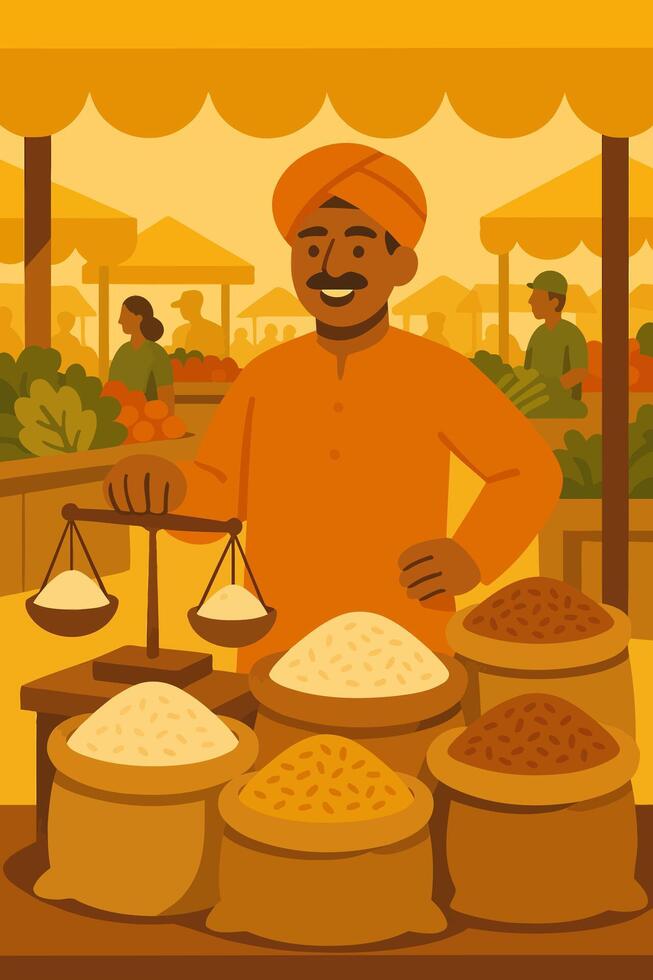 Vendor Selling Grains at Market with Balance Scale and Turban vector