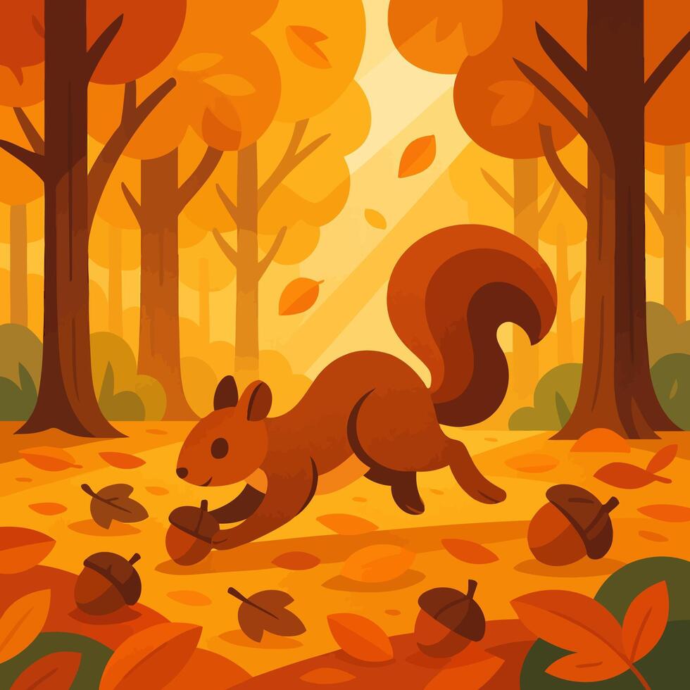 Squirrel Running in Autumn Forest Gathering Acorns Among Fallen Leaves vector