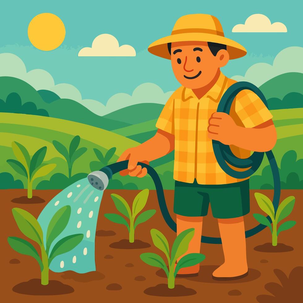 Farmer Watering Plants in Field with Hose on Sunny Day vector