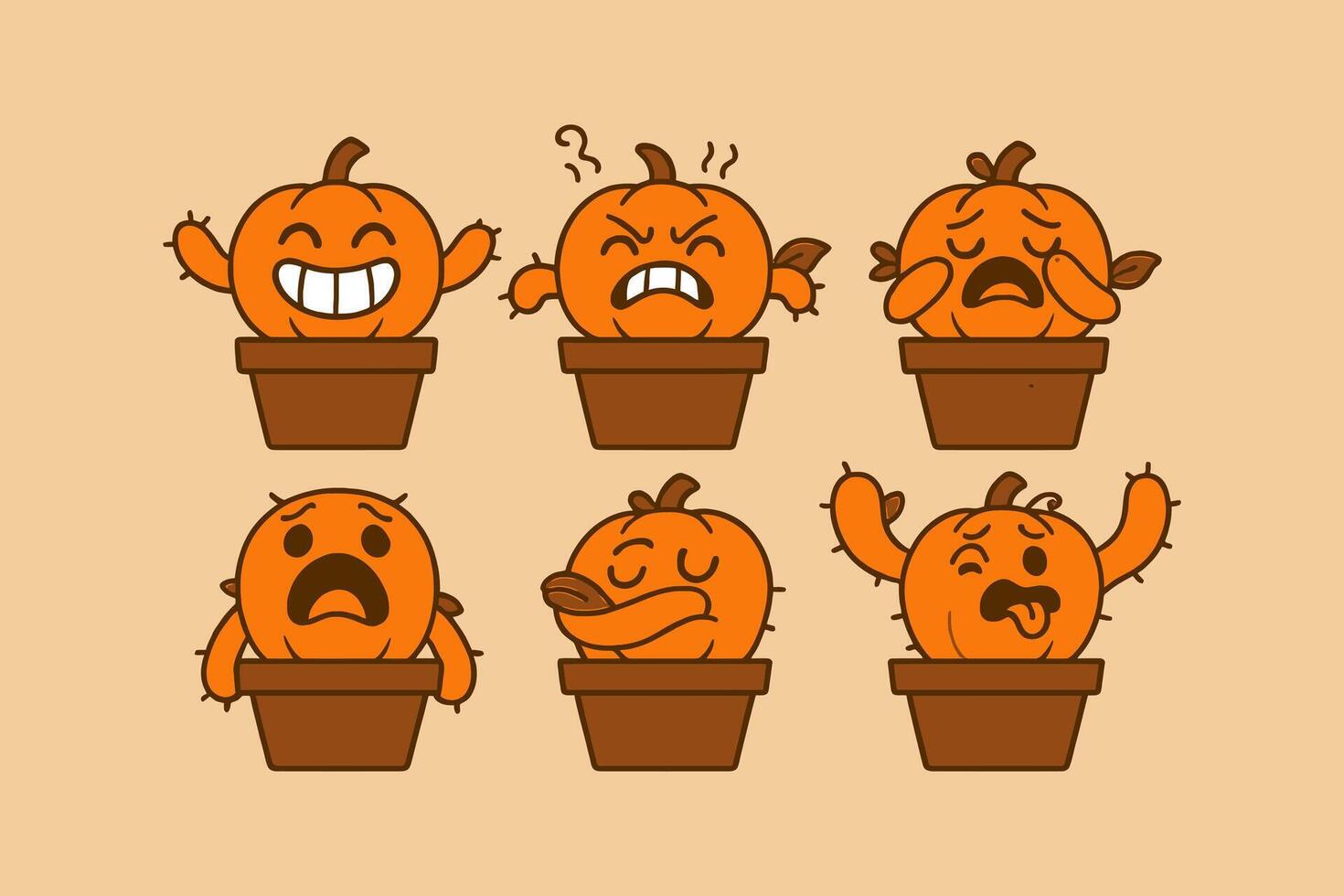 Expressive Pumpkin Potted Plants Showcasing Various Emotions and Character Designs vector