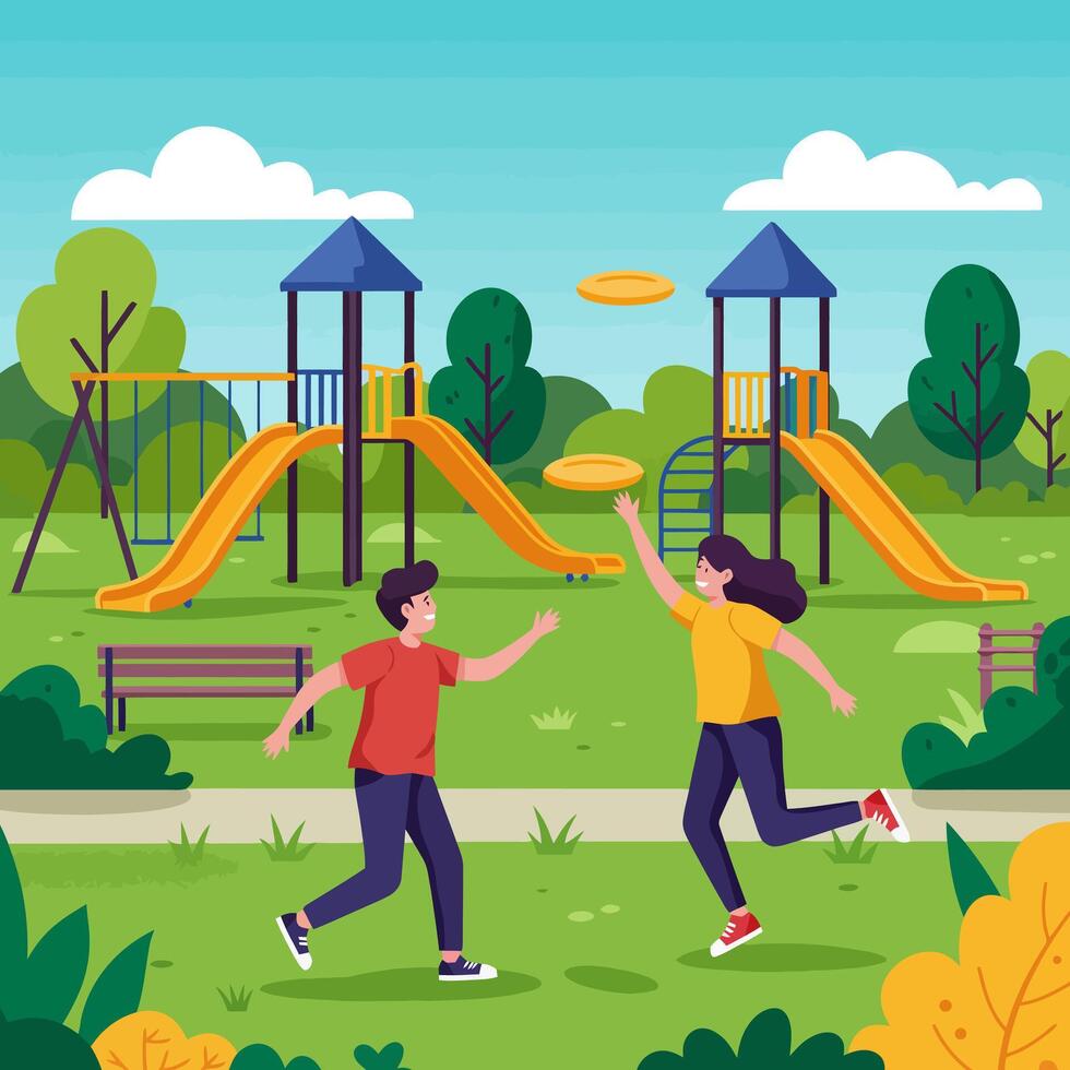 People Playing Disc in Park on Sunny Day with Slides vector