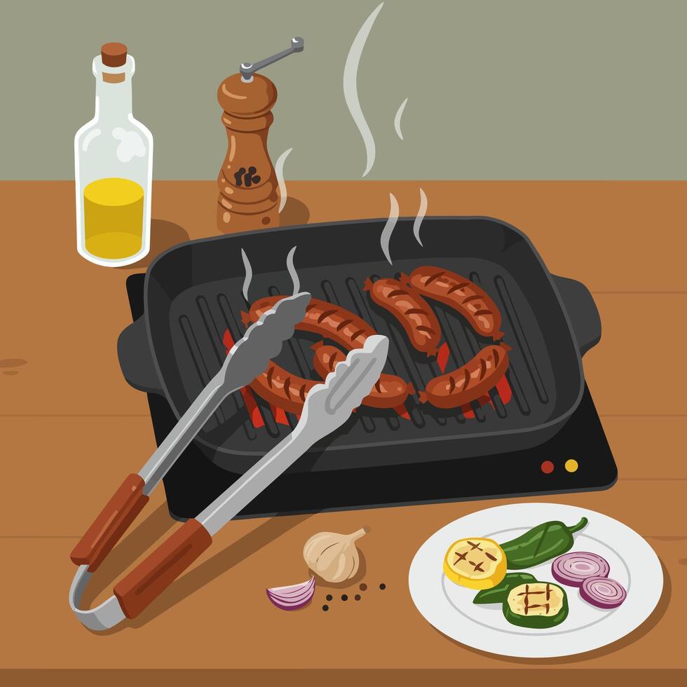 Grilling Sausages with Vegetables Healthy Meal Preparation Flat Illustration vector