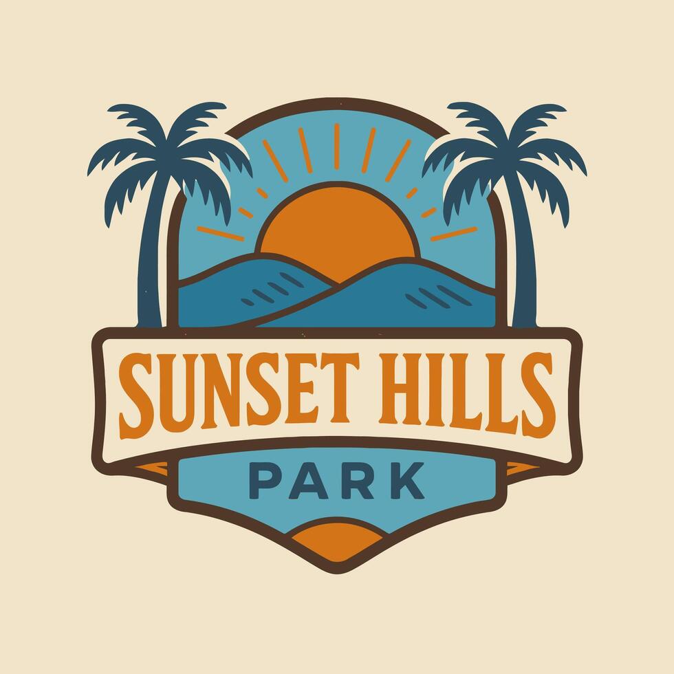 Vintage Park Badge Design with Sunset Hills and Palm Trees vector