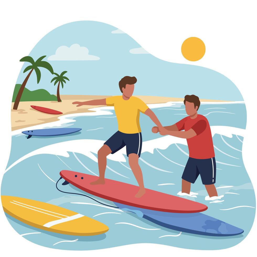 Man Learning to Surf with Instructor at Beach During Summer Day vector