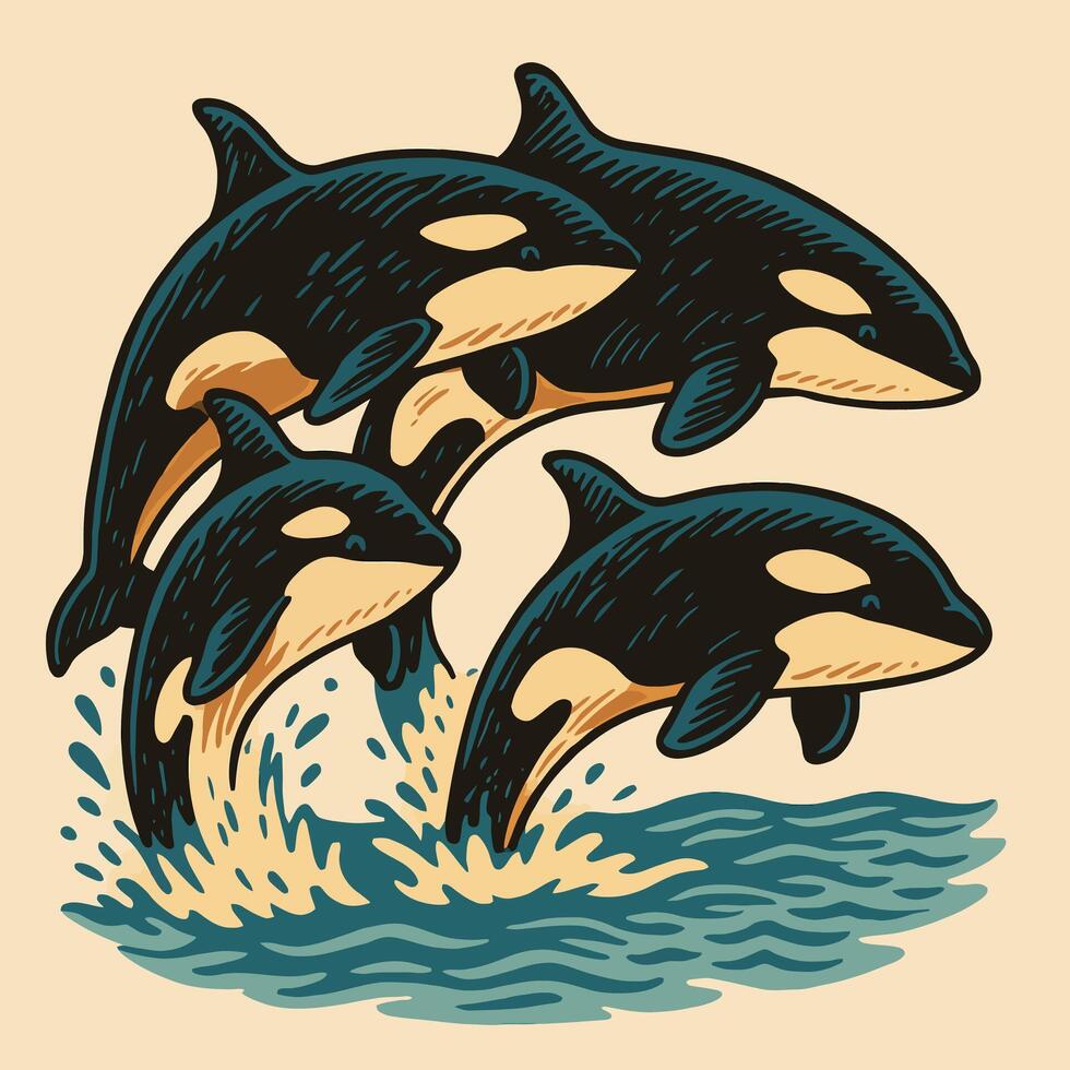 Group of Orcas Jumping Together From Ocean Water Illustration vector