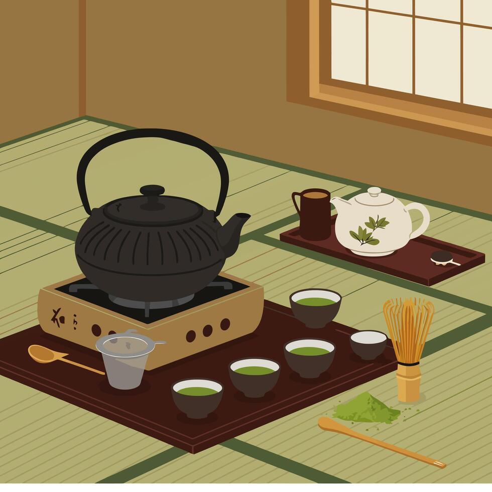 Preparing Traditional Matcha Tea Ceremony with Kettle, Cups and Whisk vector