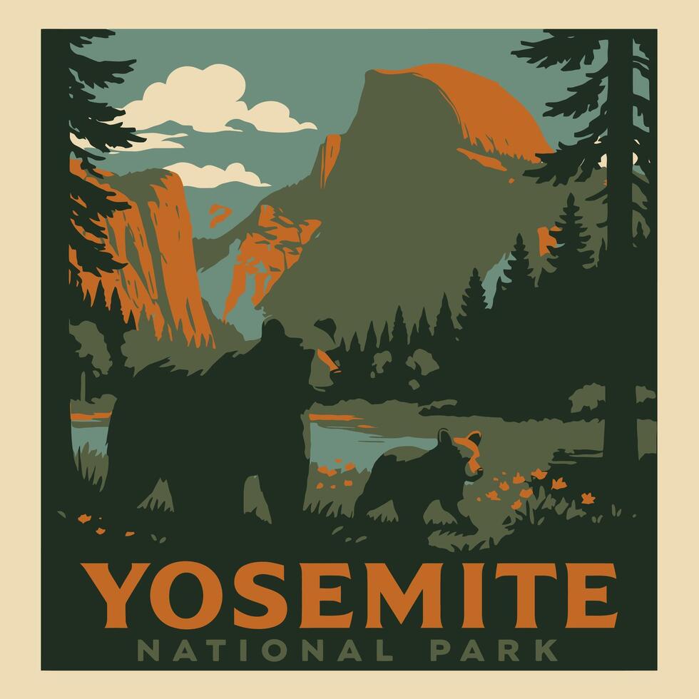 Bears Walking by Lake Landscape with Mountains and Forest Illustration vector