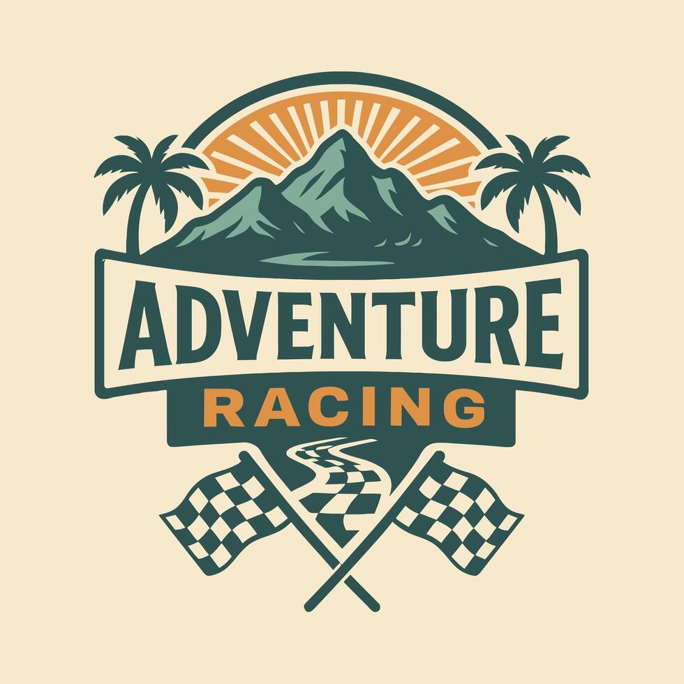 Adventure Racing Emblem with Mountain Scene and Checkered Flags vector