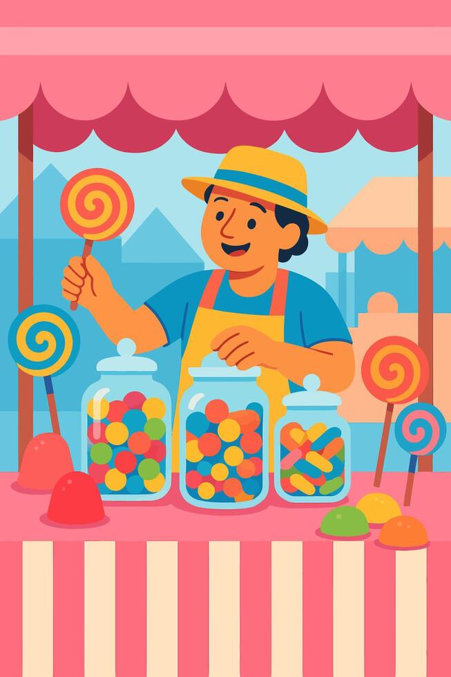 Cartoon Vendor Offers Lollipops and Candy at His Festive Stall vector