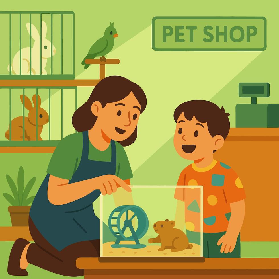 Choosing a Hamster Pet Shop Seller Showing Hamster to a Boy vector
