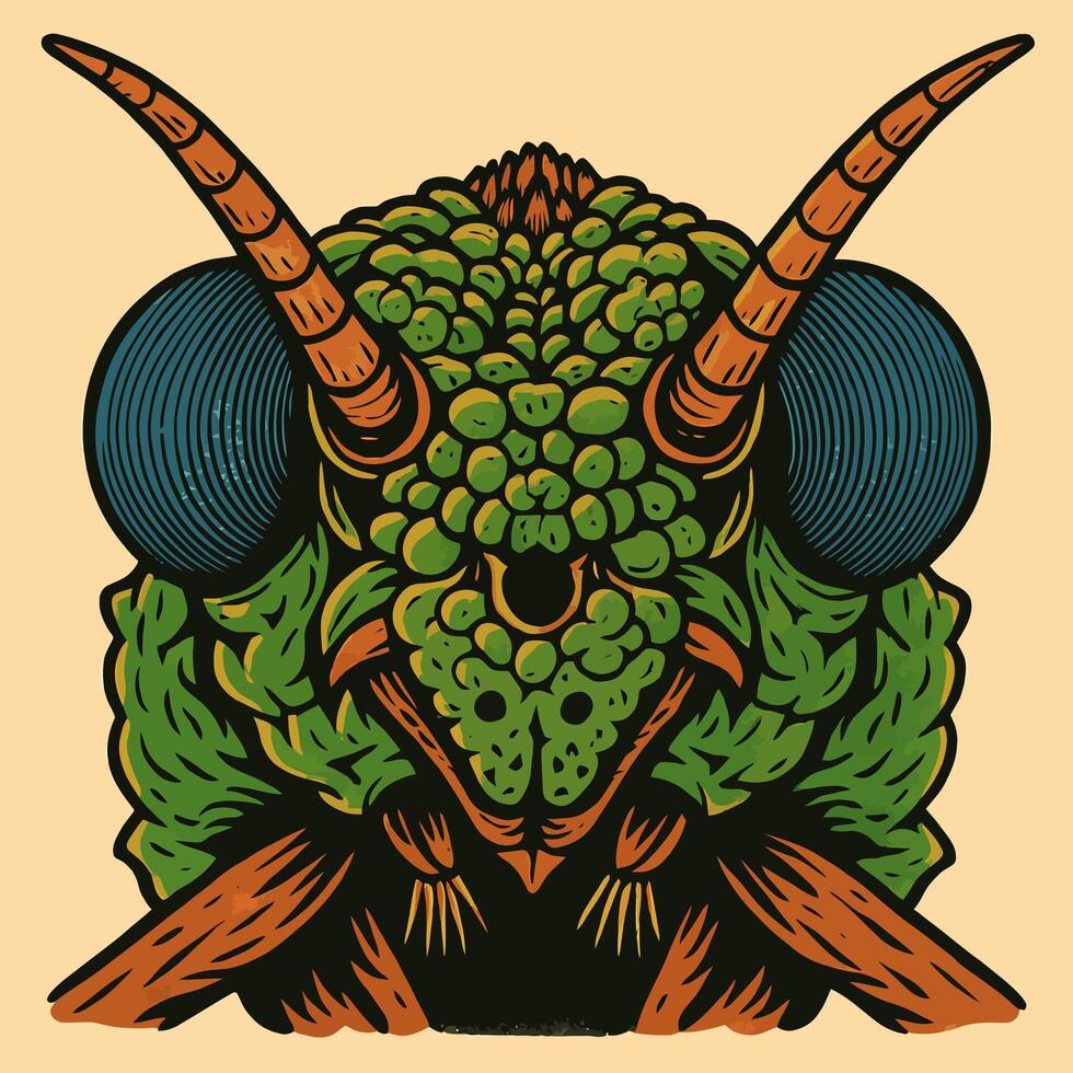 Detailed Insect Head Illustration with Textured Eyes and Green Body vector