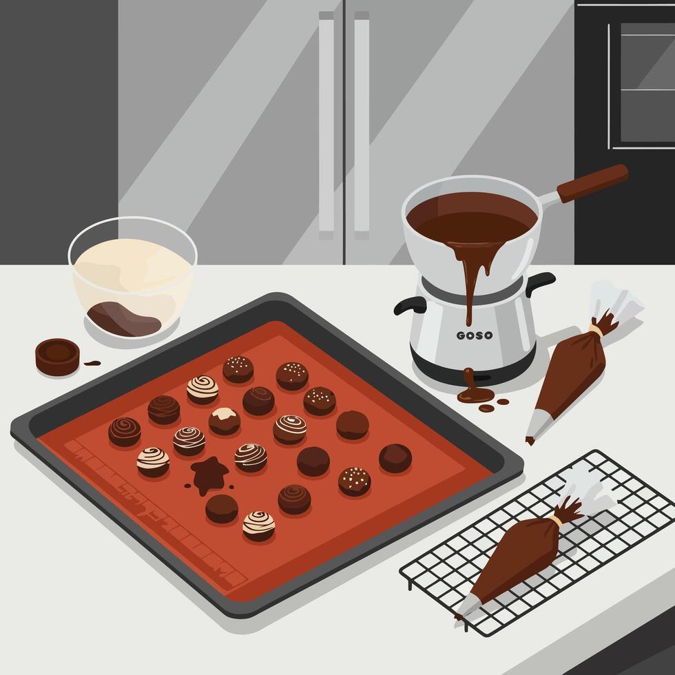 Making Chocolate Truffles at Home with Fondue and Pastry Bags vector