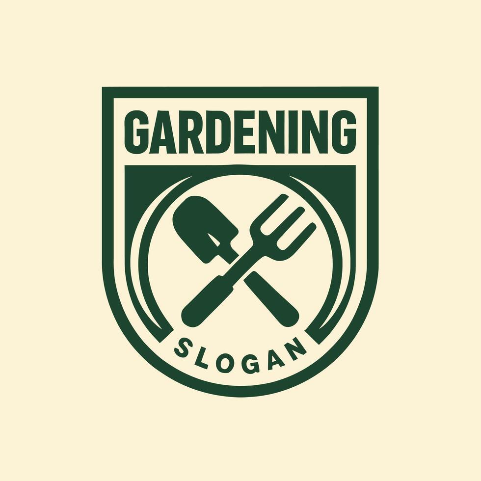 Gardening Equipment Badge Graphic with Crossed Spade and Fork Icon vector