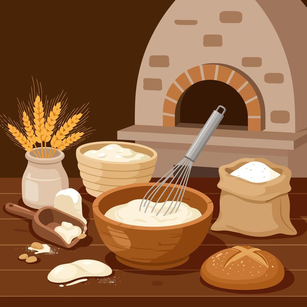 Preparing Bread Dough at Home with a Traditional Brick Oven vector