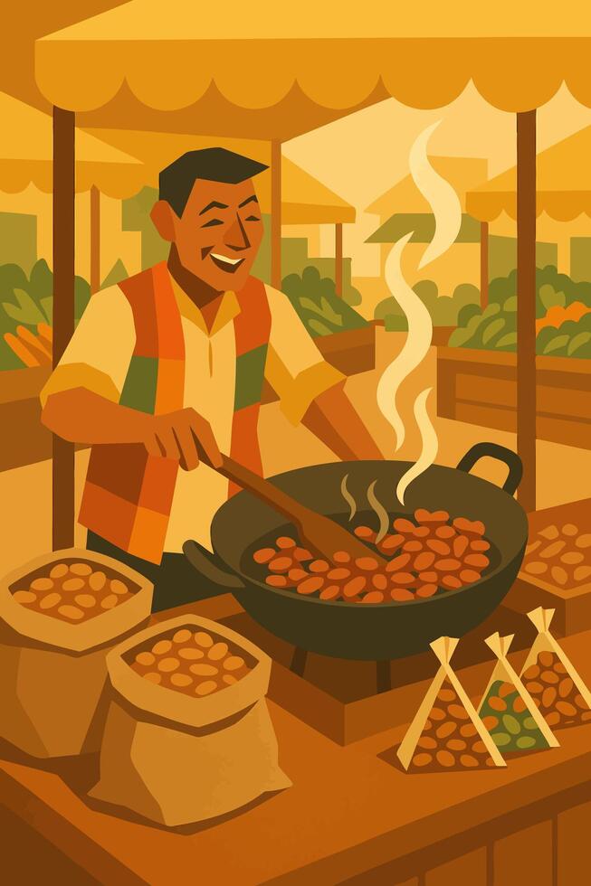 Vendor Cooking Beans at Outdoor Market Illustration with Warm Tones vector