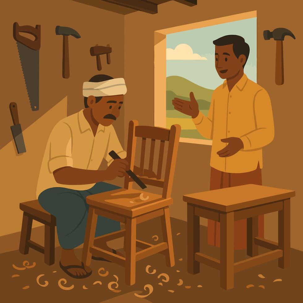 Craftsman Carving Wood Chair While Talking with a Colleague Indoors vector