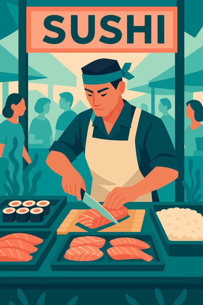 Chef Preparing Fresh Salmon for Meal at a Market Stand vector