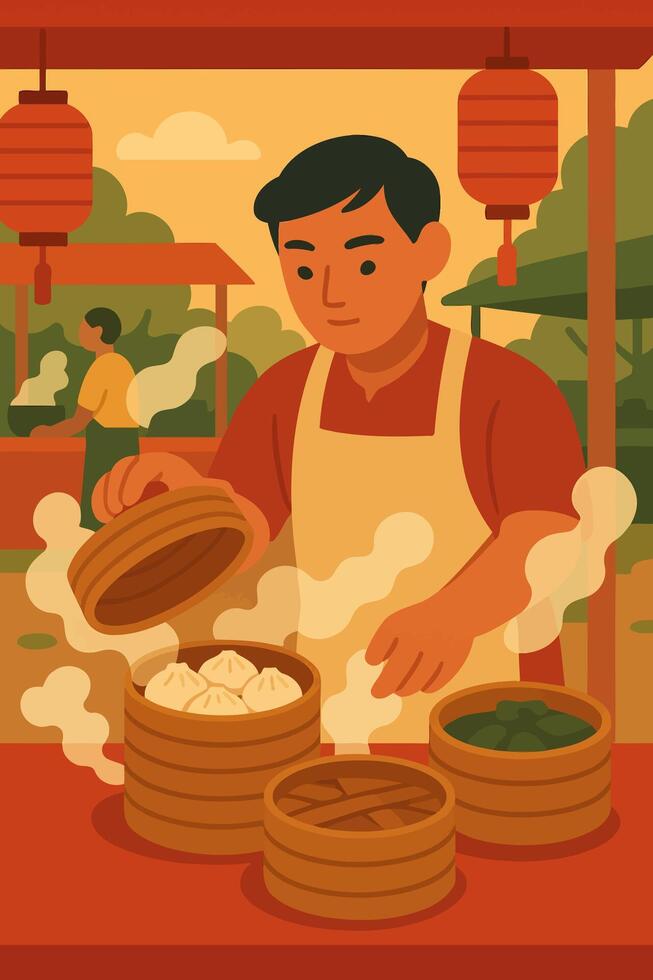 Preparing Dumplings at Street Food Stall with Steaming Baskets Illustration vector