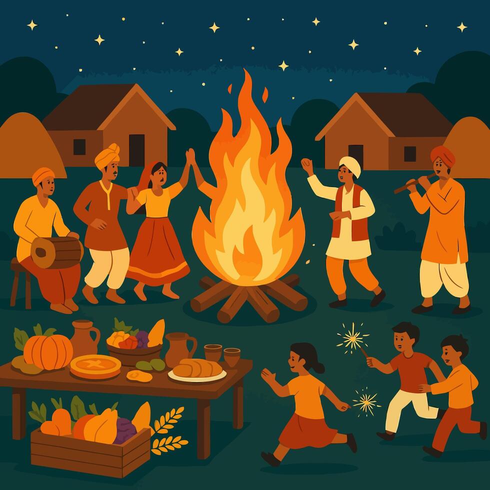 People Celebrating Around Bonfire with Music and Festive Food Night vector