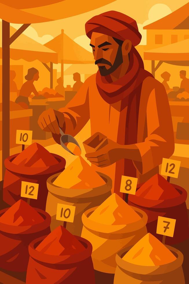 Selling Spices at Outdoor Market with Warm Color Palette vector
