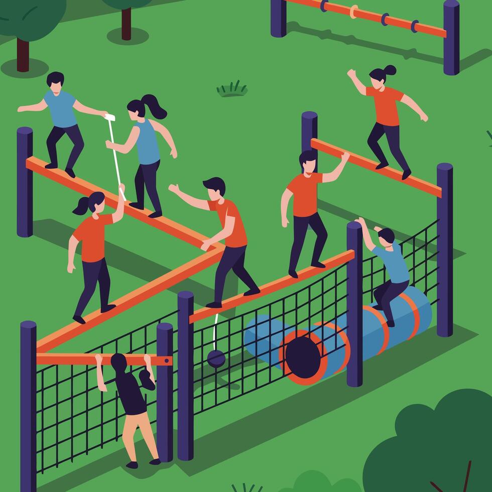 People Navigating Obstacle Course in Isometric Outdoor Green Park Setting vector