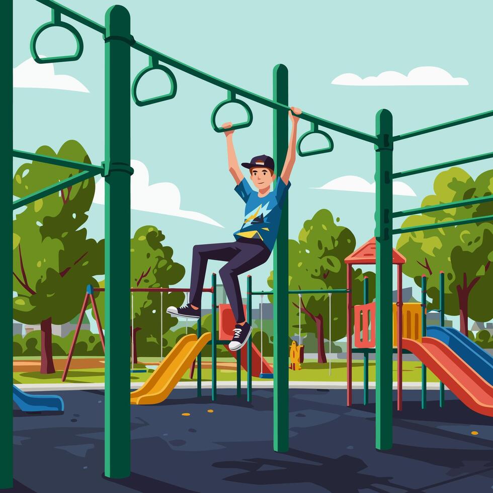 Boy Playing on Monkey Bars in Sunny Park Playground Scene vector