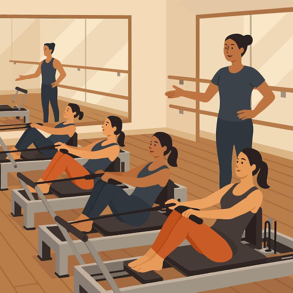 Women Exercising on Pilates Machines in Studio with Instructor Present vector