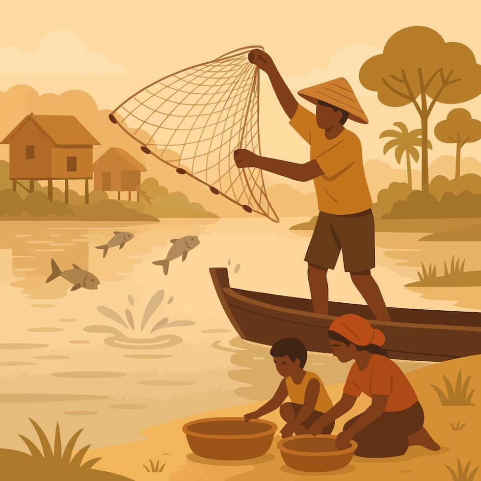 Family Fishing Together in River Using Net and Bowls Illustration vector