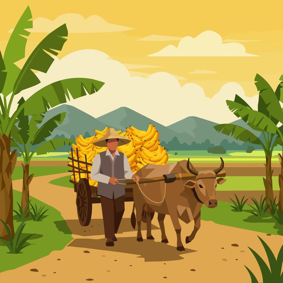 Farmer Transporting Bananas on Cart Pulled by Ox in Rural Landscape vector