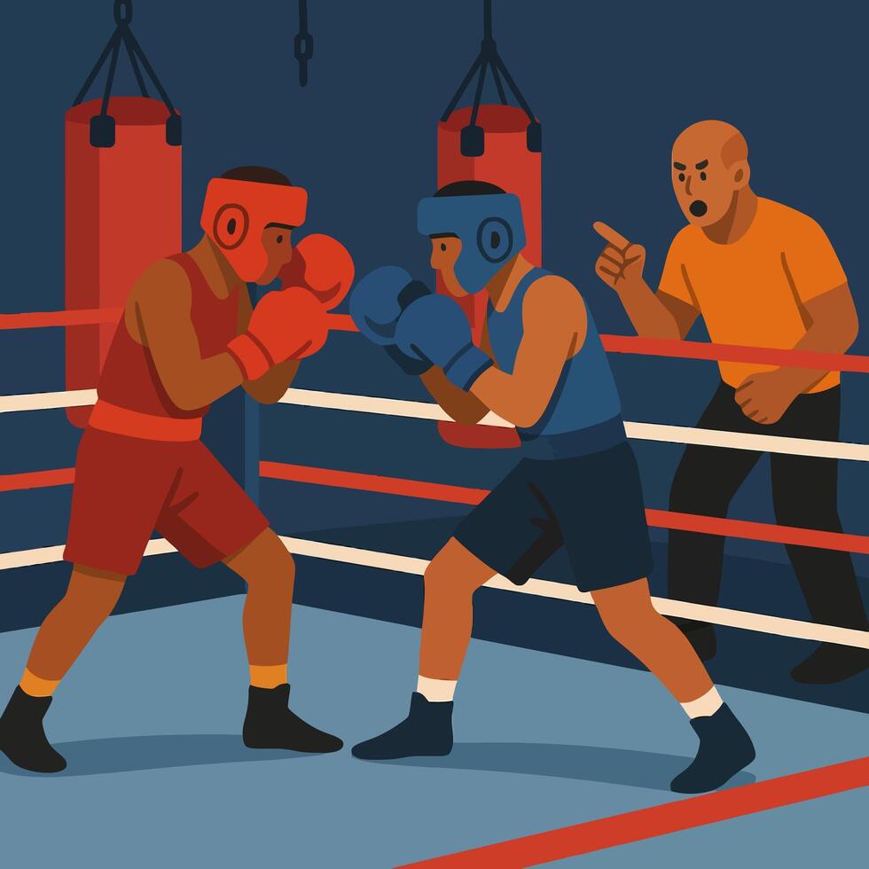 Two Boxers Fighting in Ring Under Referee Supervision and Punching Bag vector