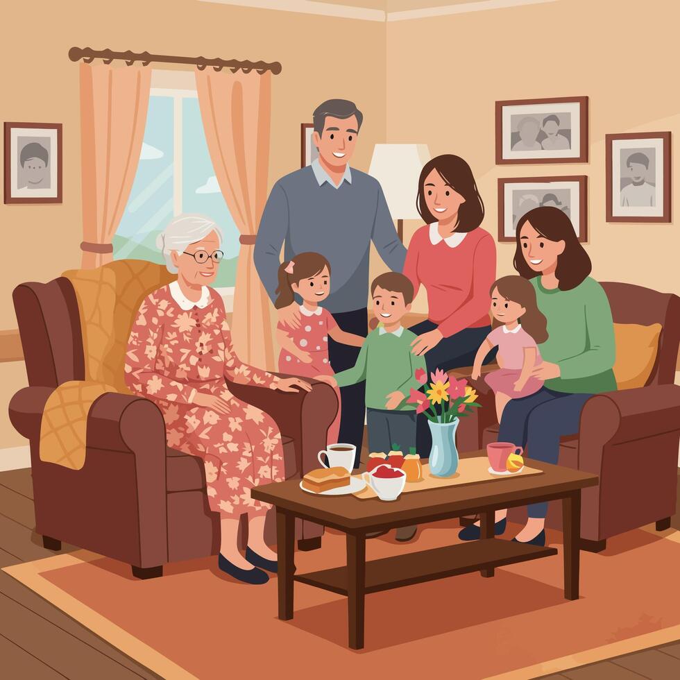 Family Gathering Together in Living Room Spending Quality Time Relaxing vector