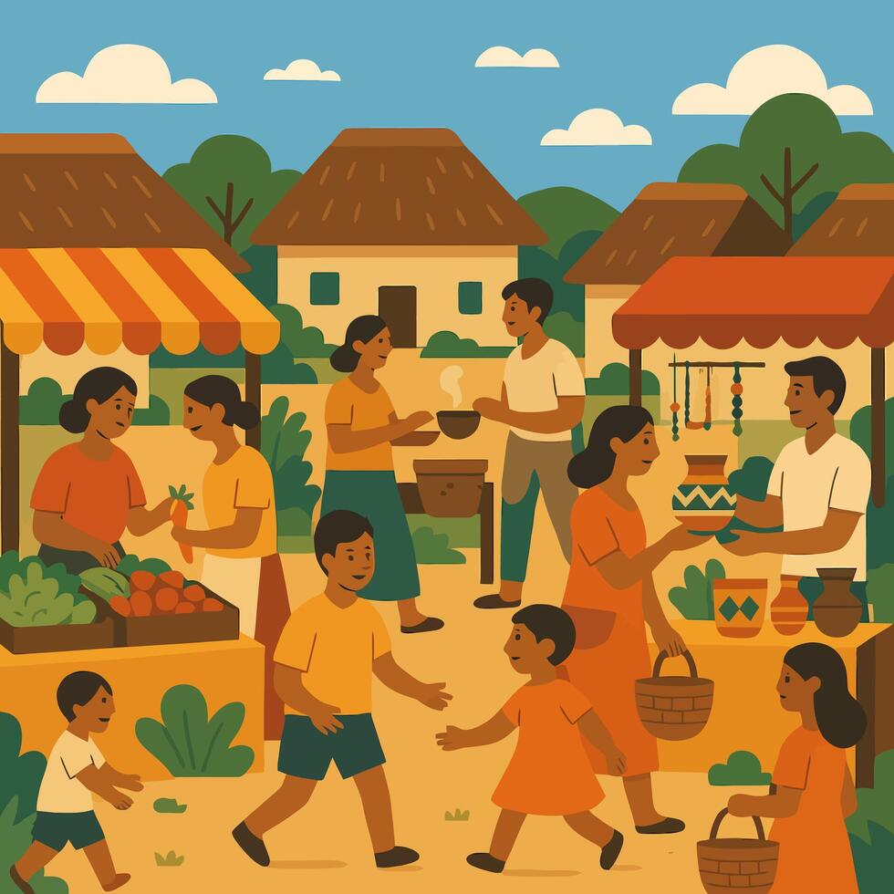 People Visiting Outdoor Market Selling Food and Crafts in Town vector