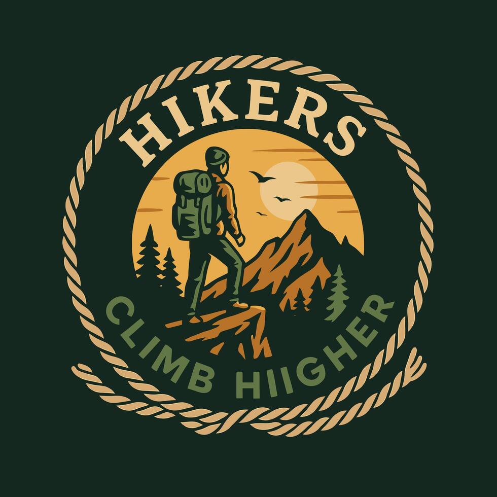 Hiker Reaching Mountain Peak Enjoying Landscape at Sunset Climbing Higher vector