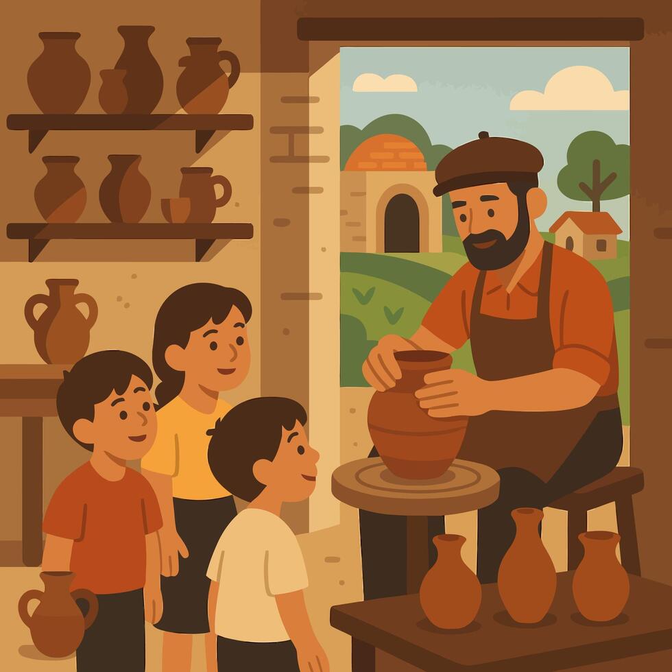 Potter Teaching Pottery to Children in Workshop with Rural View vector