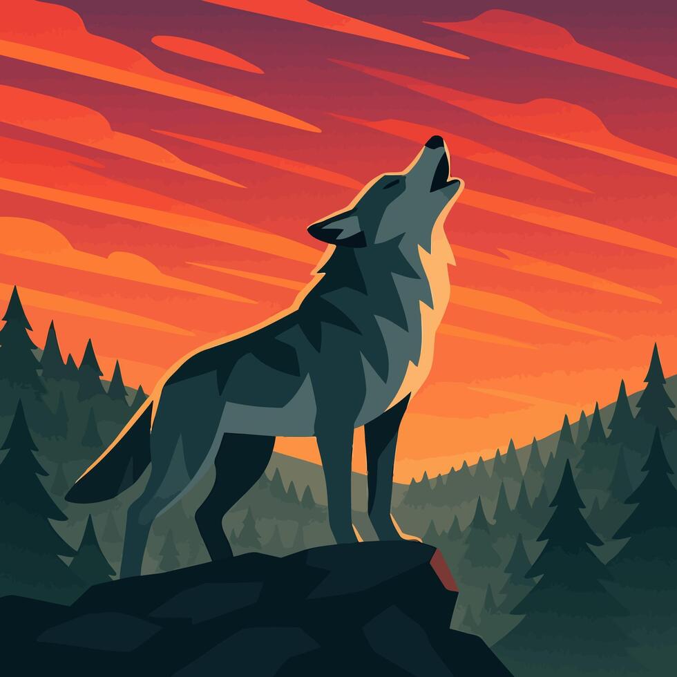 Howling Wolf Silhouette Against a Vibrant Sunset Forest Backdrop Art vector