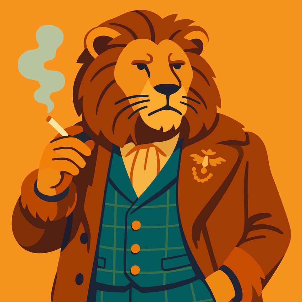 Lion in Suit Smoking Cigarette Retro Style Animal Character Illustration vector